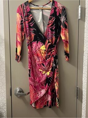 NWT Cache Floral Wrap Dress in Pink, Yellow & Black Size Large